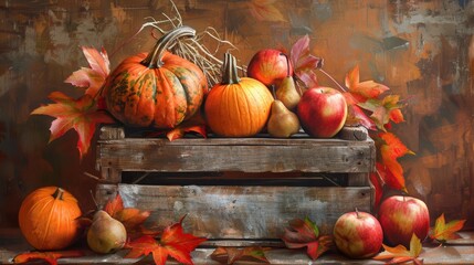 Aufkleber - A wooden crate sits atop a brown surface, filled with pumpkins, apples, and pears. The crate is surrounded by colorful autumn leaves in various shades of red and orange. The pumpkins are various sizes
