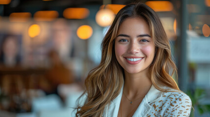 Wall Mural - smiling and beautiful young blonde colombian woman wearing business attire with modern coworking office background in business environment during day time