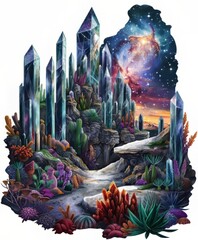 Wall Mural - Dreamlike landscape with vibrant crystals cacti and a starry night sky