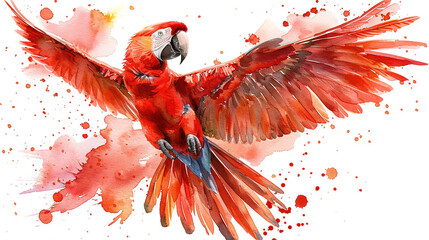 Wall Mural -   Watercolor portrayal of a vibrant red parrot, wings extended, against a splashed canvas background