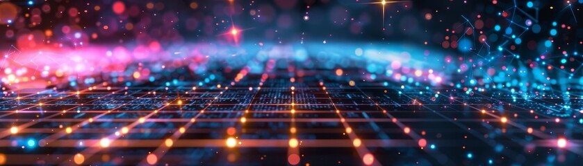 Poster - futuristic abstract background with vibrant lights, grid patterns, and glowing particles, perfect fo