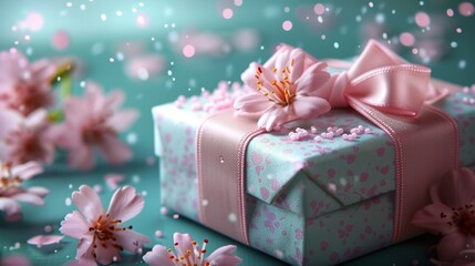 Poster -   A close-up of a gift box on a table adorned with pink blossoms and strewn petals against a blue backdrop