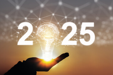 2025 Hand of businessman holding illuminated light bulb, New ideas, innovation and inspiration concepts.