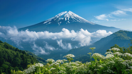 Wall Mural - Mount Fuji in Japan wide landscape with blue sky, snow on the mountain top, green trees around the mountain, clouds and mist