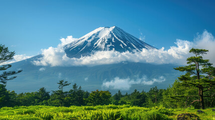 Wall Mural - Mount Fuji in Japan wide landscape with blue sky, snow on the mountain top, green trees around the mountain, clouds and mist