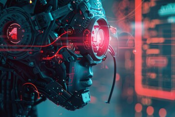 Poster - Futuristic cyborg head with detailed mechanical components showcasing advanced robotics and artificial intelligence in a high tech setting