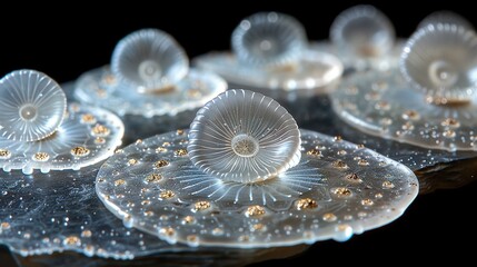 Wall Mural -   A close-up of a group of glass objects on a black surface with droplets of water on the surface