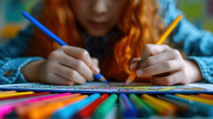 Child Coloring with Colorful Pencils.