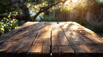 Wall Mural - rustic wooden table with natural lighting and serene outdoor setting for product display and copy sp