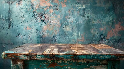 Canvas Print - Vintage Distressed Wooden Table Ready for Product Showcase in Cozy Setting