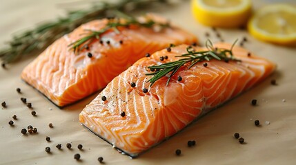 Wall Mural -   Close-up of two salmon fillets on a plate, garnished with sliced lemons and seasoning