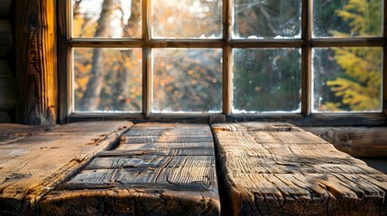 Wall Mural - Rustic Wooden Table in Cozy Cabin Setting with Warm Autumn Lighting and Empty Surface for Product Photography