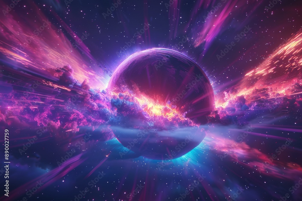 Futuristic digital landscape featuring a glowing purple planet in a ...