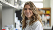 © AstraNova - Professional female pharmacist wearing white shirt sitting and smiling looking forward while working on computer and pharmacy medicine shelf background