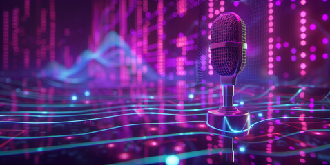 A retro style microphone is illuminated by vibrant pink and blue neon lights, creating a dynamic and futuristic atmosphere.