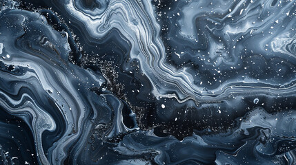 Wall Mural - Abstract dark gray and blue marble liquid texture with silver splashes, acrylic pour art flowing swirl and texture fantastic detail organic combining colors luxury background 