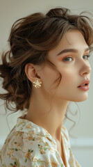 Wall Mural - close-up side face of  beauty woman with brown hair with fashion gold earrings mockup on clear background