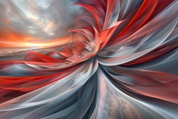 Dynamic abstract art with swirling red gray and white colors representing energy and motion in a fluid composition