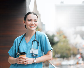 Poster - Coffee, happy woman and nurse thinking of break in hospital for healthcare services, career or medicine. Proud, medical professional and confident physician with smile at clinic ready to help