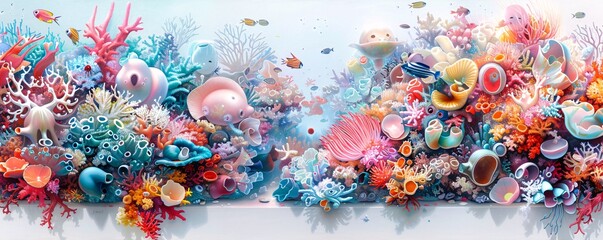 Poster - a vibrant painting of an underwater world with futuristic marine life and corals