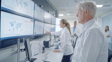 Poster - An office worker using a screen reader on their computer while a colleague stands nearby, engaging in a discussion about the project at hand Stock Photo with copy space