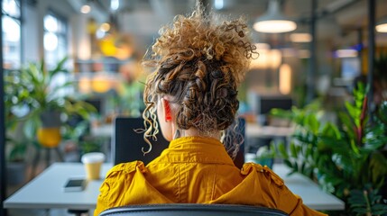 Poster - A person with a spinal cord injury using a standing desk and adaptive computer accessories to work comfortably in an office environment Stock Photo with copy space