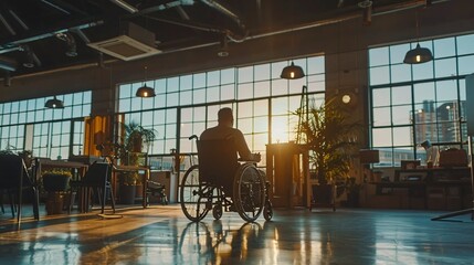 Poster - A collaborative workspace where an employee with a limb difference uses adaptive tools to work alongside peers on a shared project Stock Photo with copy space