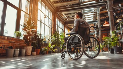 Poster - A collaborative workspace where an employee with a limb difference uses adaptive tools to work alongside peers on a shared project Stock Photo with copy space
