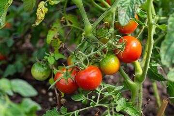 Red, yellow, and green tomatoes growing on a vine in a garden