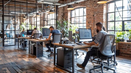 Poster - A collaborative workspace where an employee with a limb difference uses adaptive tools to work alongside peers on a shared project Stock Photo with copy space
