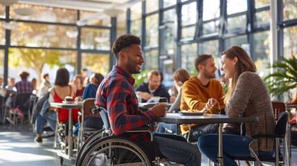 Leinwandbilder - An inclusive workplace cafeteria showing employees of all abilities sharing a meal and conversing, promoting social inclusion and camaraderie Stock Photo with copy space