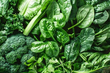 A close-up view of fresh green leafy vegetables, including spinach, kale, and broccoli