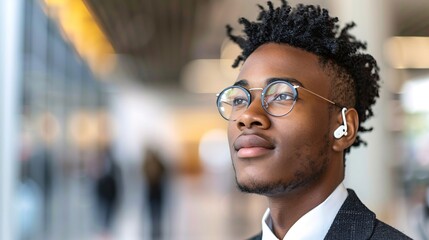 Aufkleber - An employee wearing a hearing aid actively participating in a team meeting with colleagues in a modern office setting Stock Photo with copy space