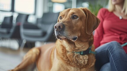 Aufkleber - A person with a visual impairment using a guide dog and a Braille note-taking device in an office setting Stock Photo with copy space