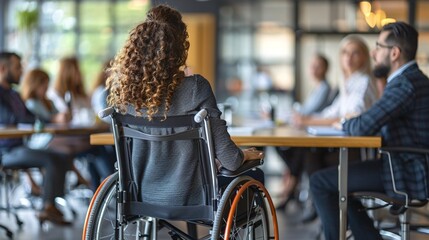 Aufkleber - A team meeting where a hearing-impaired employee uses a loop system to hear the conversation clearly Stock Photo with copy space