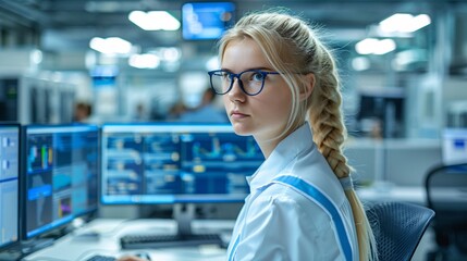 Poster - An inclusive workplace where an employee with a disability uses adaptive technology to manage data on a computer Stock Photo with copy space