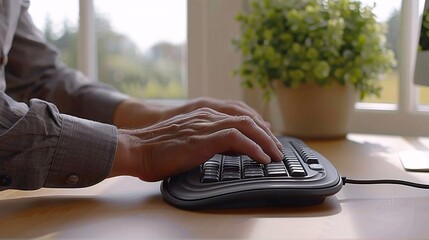Poster - A person with limited hand mobility using an ergonomic keyboard and mouse to work from a home office Stock Photo with copy space