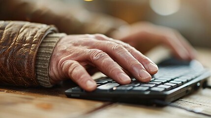 Poster - A person with limited hand mobility using an ergonomic keyboard and mouse to work from a home office Stock Photo with copy space