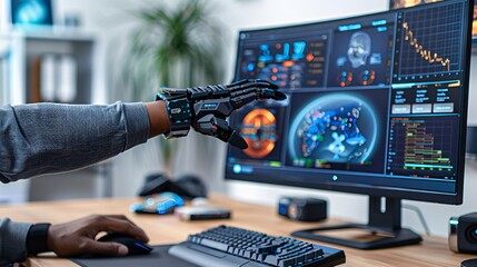 Poster - A person with limited hand mobility using an ergonomic keyboard and mouse to work from a home office Stock Photo with copy space