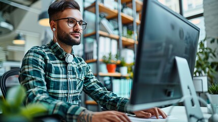 Poster - A creative professional with a disability using adaptive equipment to design graphics from a home studio Stock Photo with copy space