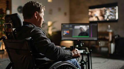 Poster - A creative professional with a disability using adaptive equipment to design graphics from a home studio Stock Photo with copy space