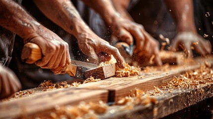Fototapete - A hands-on workshop where individuals with disabilities are learning carpentry skills Stock Photo with copy space