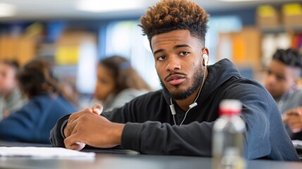 Poster - A student with a hearing aid participating in an interactive classroom discussion Stock Photo with copy space