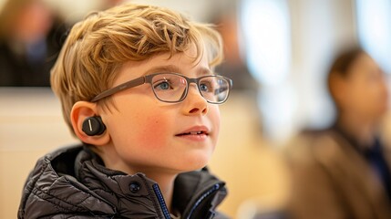 Poster - A student with a hearing aid participating in an interactive classroom discussion Stock Photo with copy space