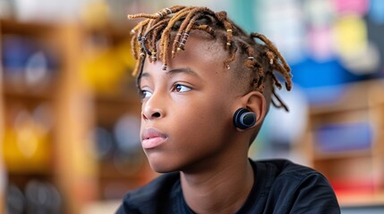 Poster - A student with a hearing aid participating in an interactive classroom discussion Stock Photo with copy space