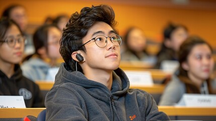 Poster - A student with a hearing aid participating in an interactive classroom discussion Stock Photo with copy space