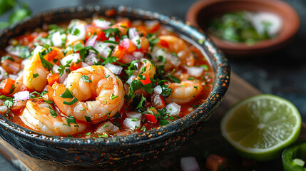 Wall Mural - Shrimp ceviche with diced vegetables, cilantro, and lime in a black bowl