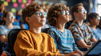 Poster - A classroom where students with disabilities are using tablets with screen readers Stock Photo with copy space