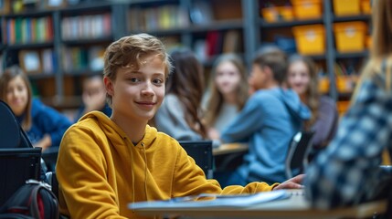 Poster - An inclusive classroom where students with disabilities are engaged in group activities Stock Photo with copy space