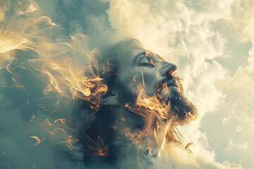 Wall Mural - Double exposure creation of Jesus in heaven with smoke and clouds